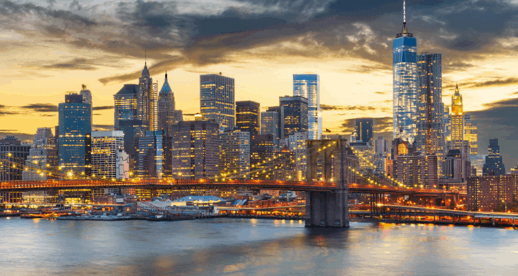 City lights and bridge in New York City, NY