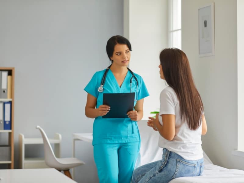 stock image - nurse talking to patient